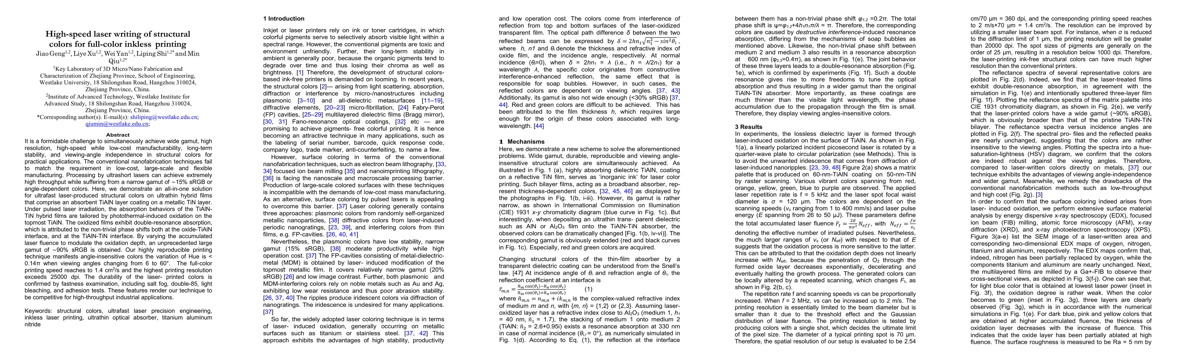 Thumbnail for High-speed laser writing of structural colors for full-color inkless
  printing