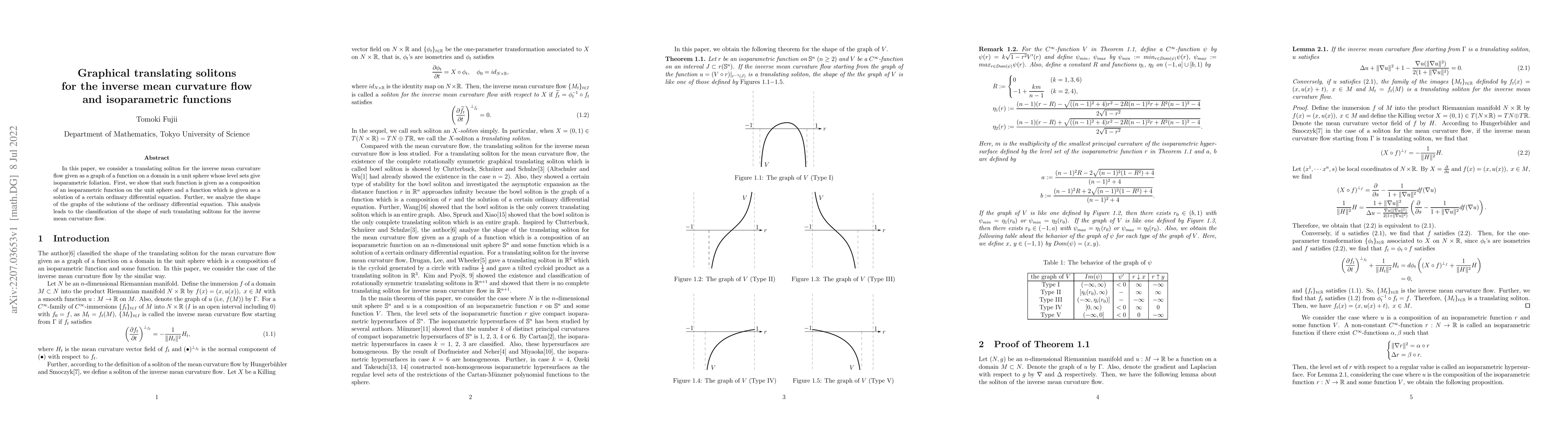 Thumbnail for Graphical translating solitons for the inverse mean curvature flow and
  isoparametric functions