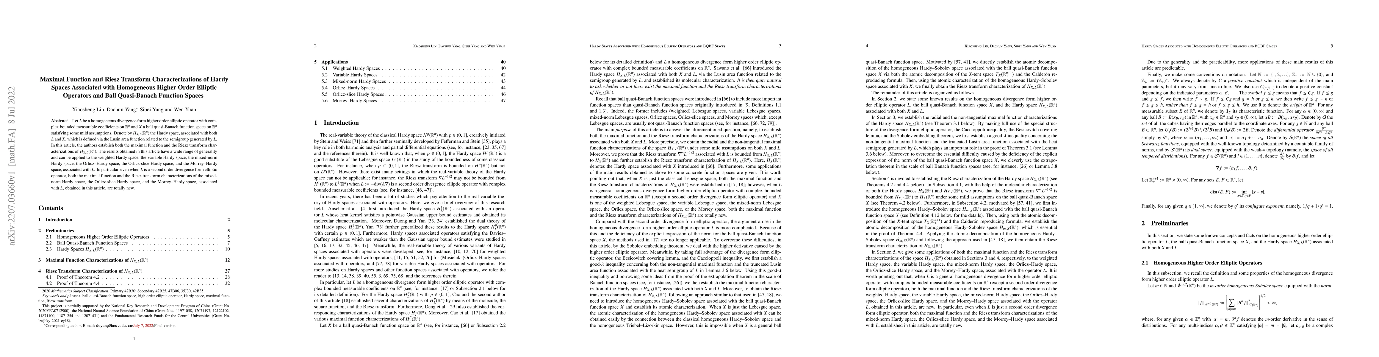 Thumbnail for Maximal Function and Riesz Transform Characterizations of Hardy Spaces
  Associated with Homogeneous Higher Order Elliptic Operators and Ball
  Quasi-Banach Function Spaces