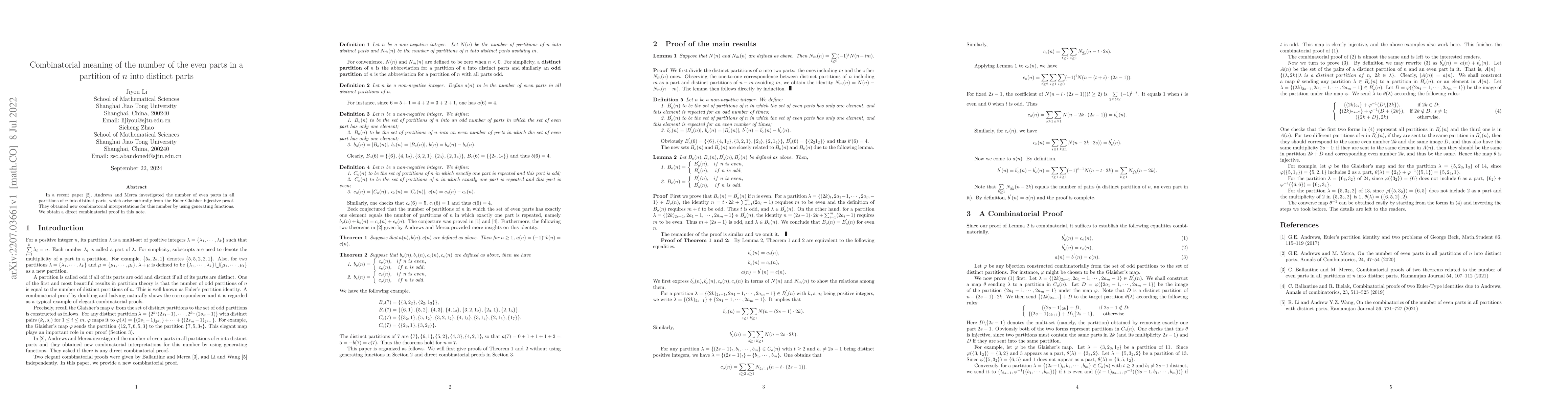 Thumbnail for Combinatorial meaning of the number of the even parts in a partition of
  $n$ into distinct parts