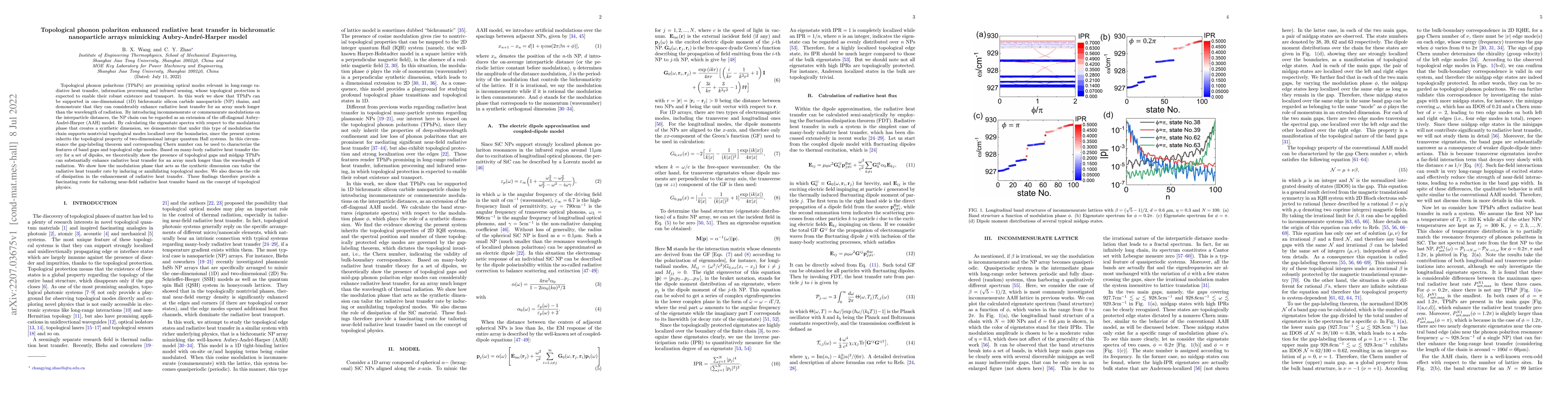 Thumbnail for Topological phonon polariton enhanced radiative heat transfer in
  bichromatic nanoparticle arrays mimicking Aubry-Andr\'e-Harper model