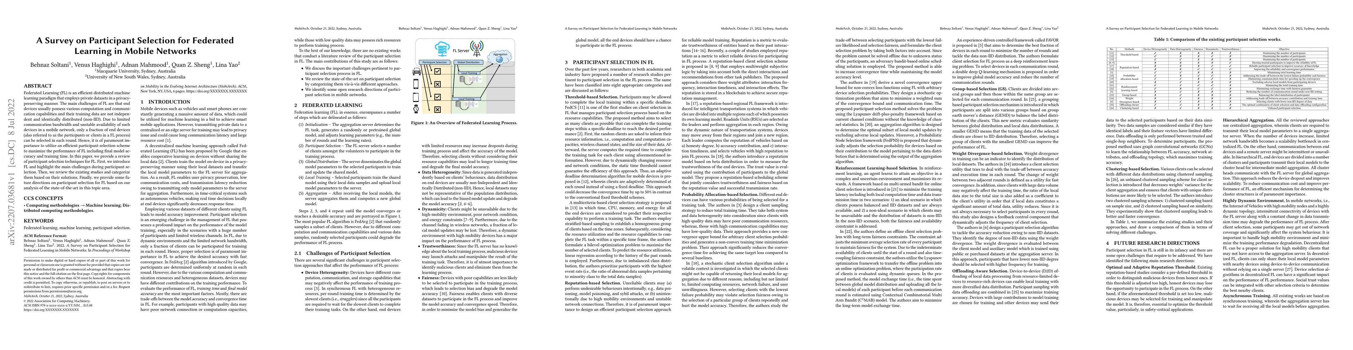 Thumbnail for A Survey on Participant Selection for Federated Learning in Mobile
  Networks