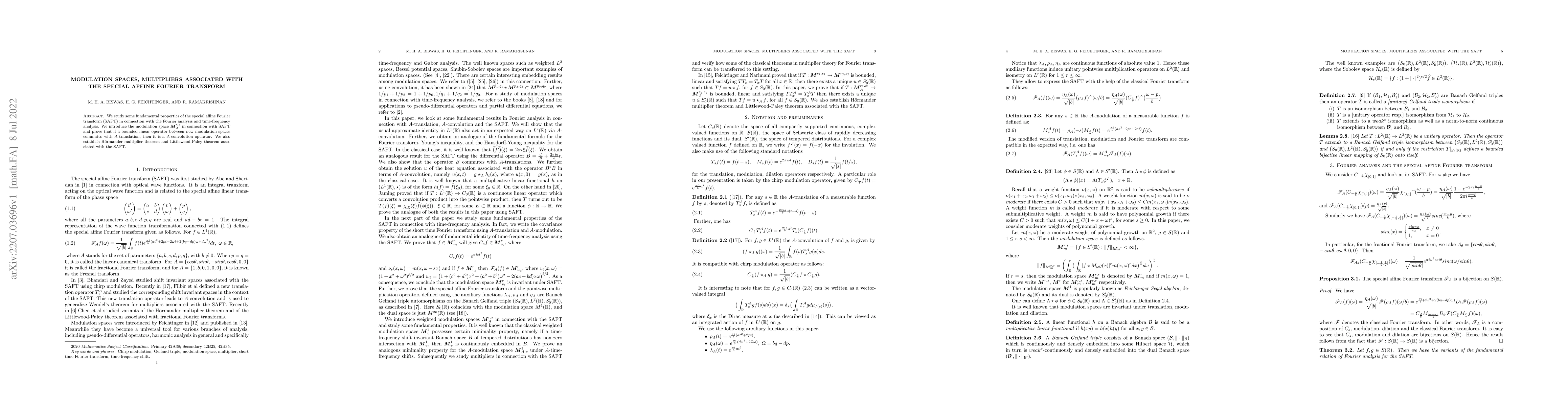 Thumbnail for Modulation spaces, multipliers associated with the special affine
  Fourier transform
