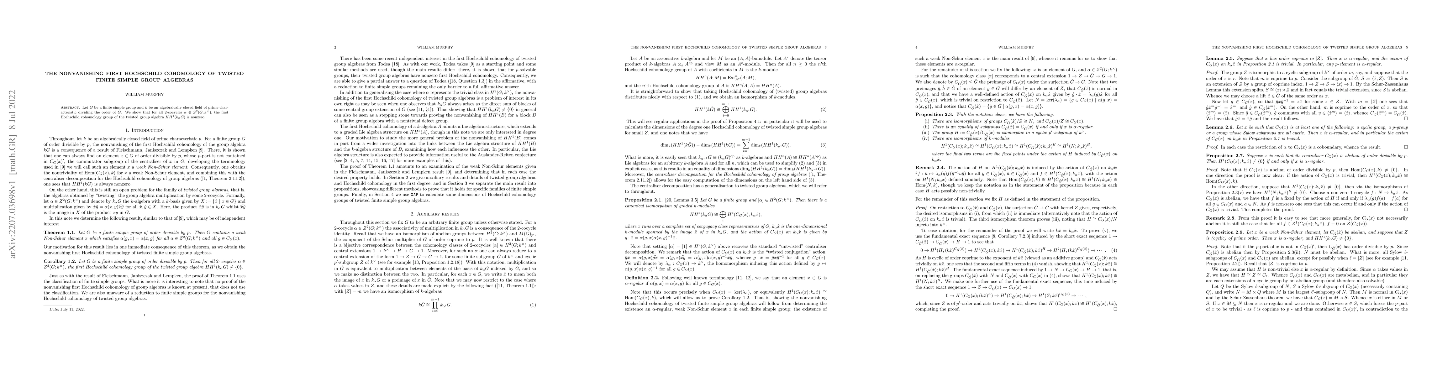 Thumbnail for The nonvanishing first Hochschild cohomology of twisted finite simple
  group algebras
