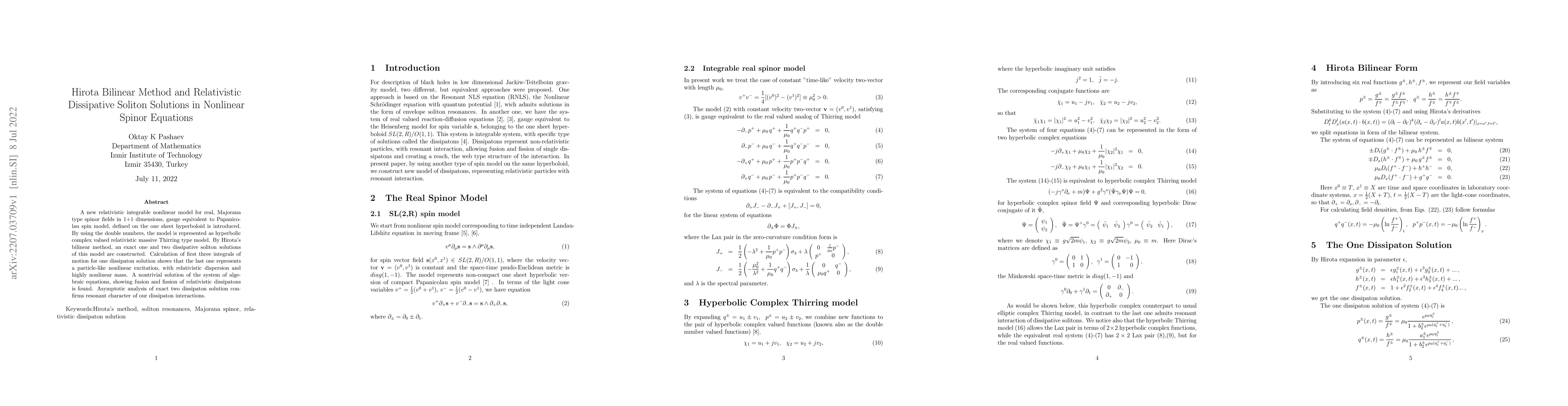 Thumbnail for Hirota Bilinear Method and Relativistic Dissipative Soliton Solutions in
  Nonlinear Spinor Equations