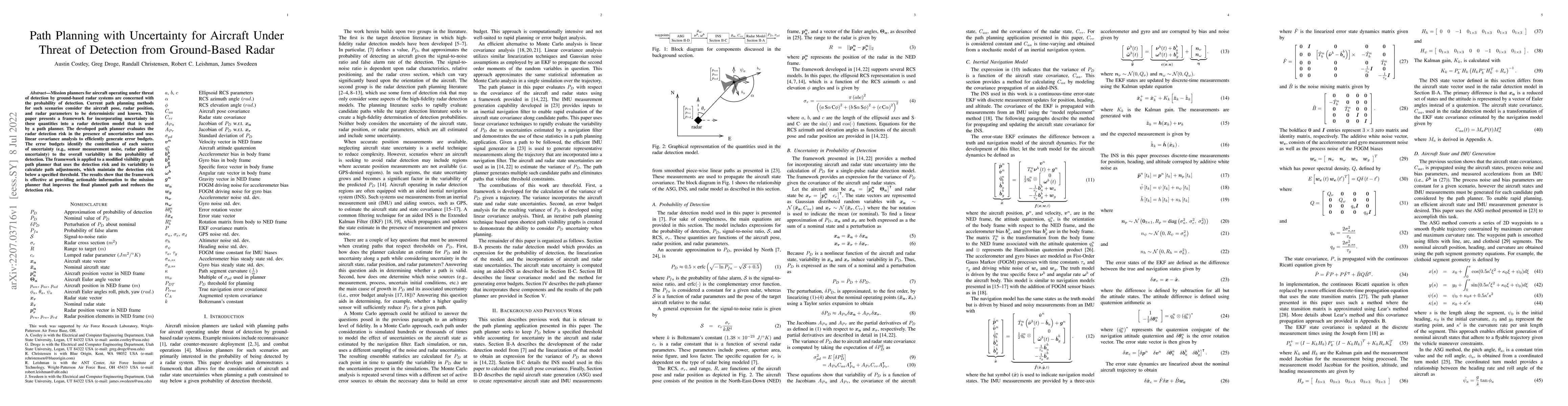 Thumbnail for Path Planning with Uncertainty for Aircraft Under Threat of Detection
  from Ground-Based Radar