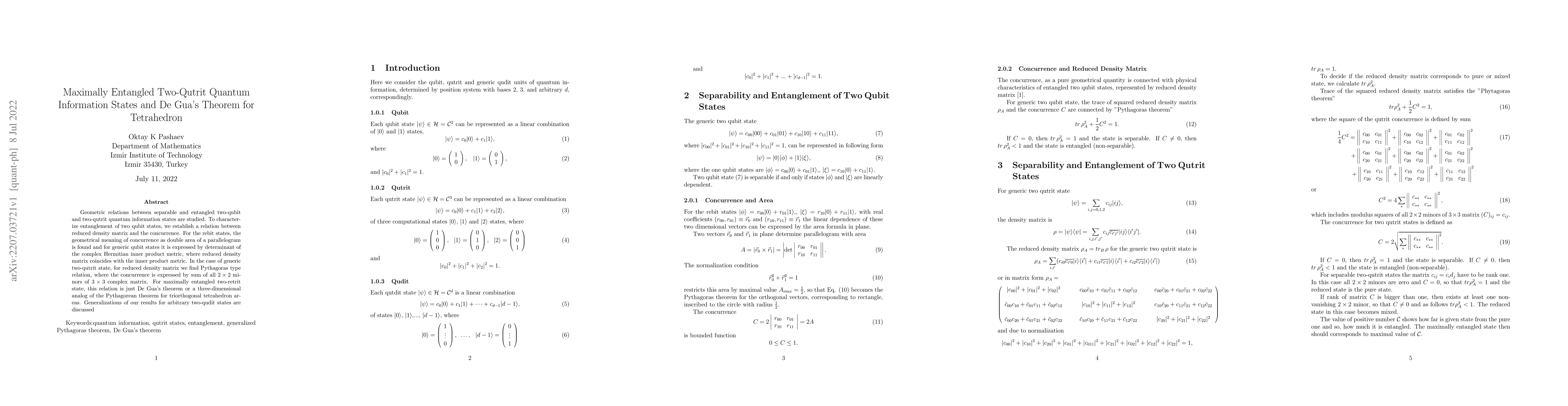 Thumbnail for Maximally Entangled Two-Qutrit Quantum Information States and De Gua's
  Theorem for Tetrahedron