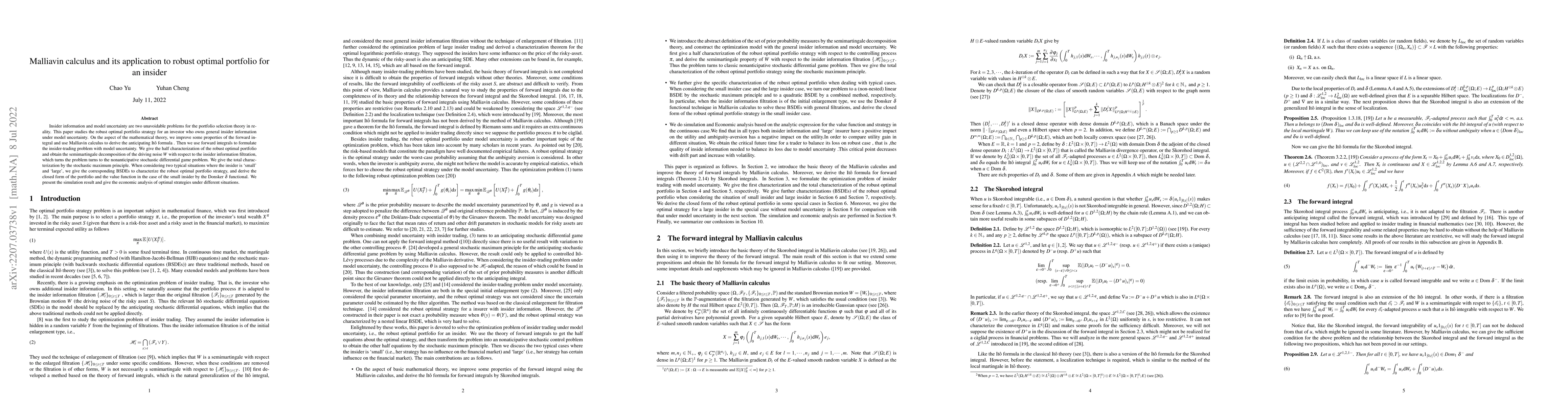 Thumbnail for Malliavin calculus and its application to robust optimal portfolio for
  an insider