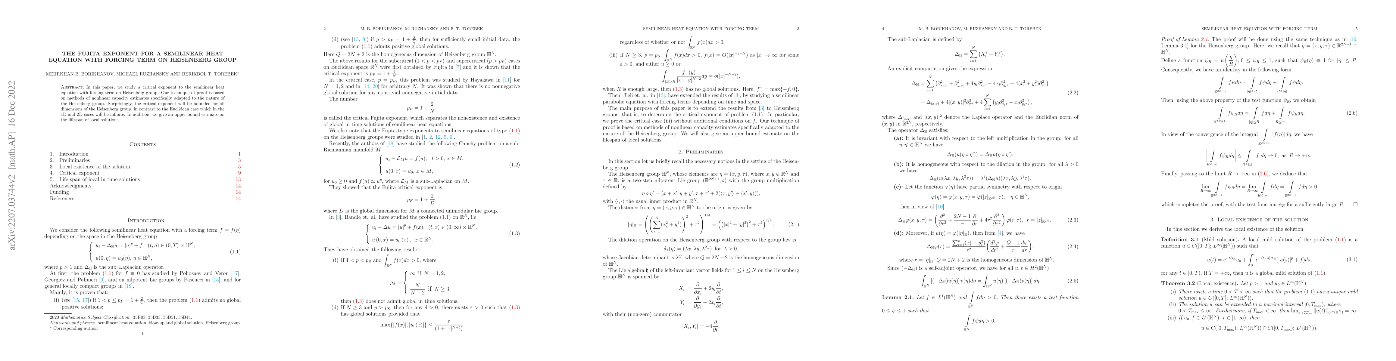 Thumbnail for The Fujita exponent for a semilinear heat equation with forcing term on
  Heisenberg Group