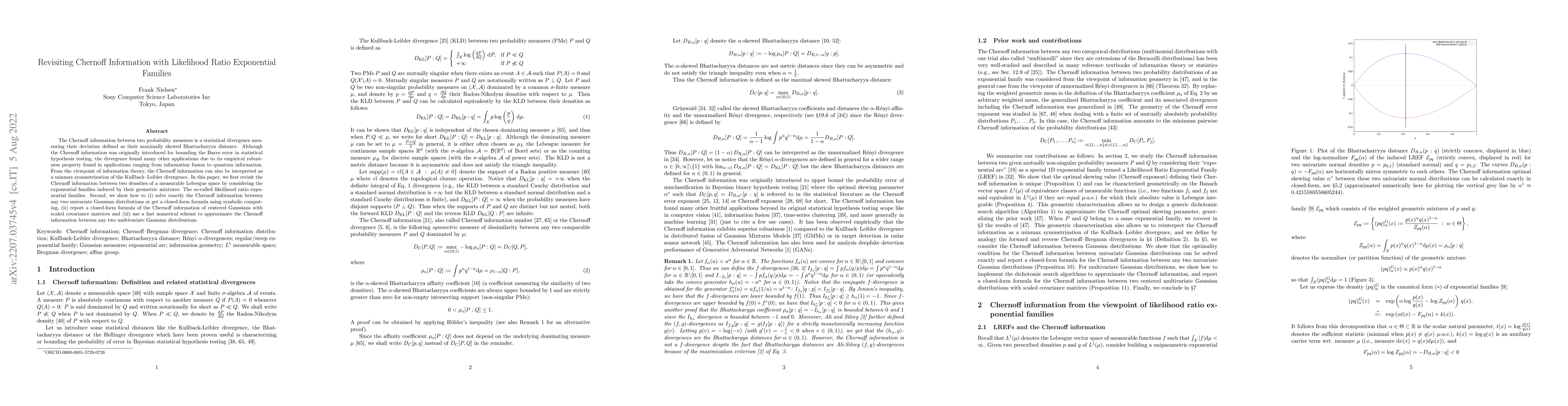 Thumbnail for Revisiting Chernoff Information with Likelihood Ratio Exponential
  Families