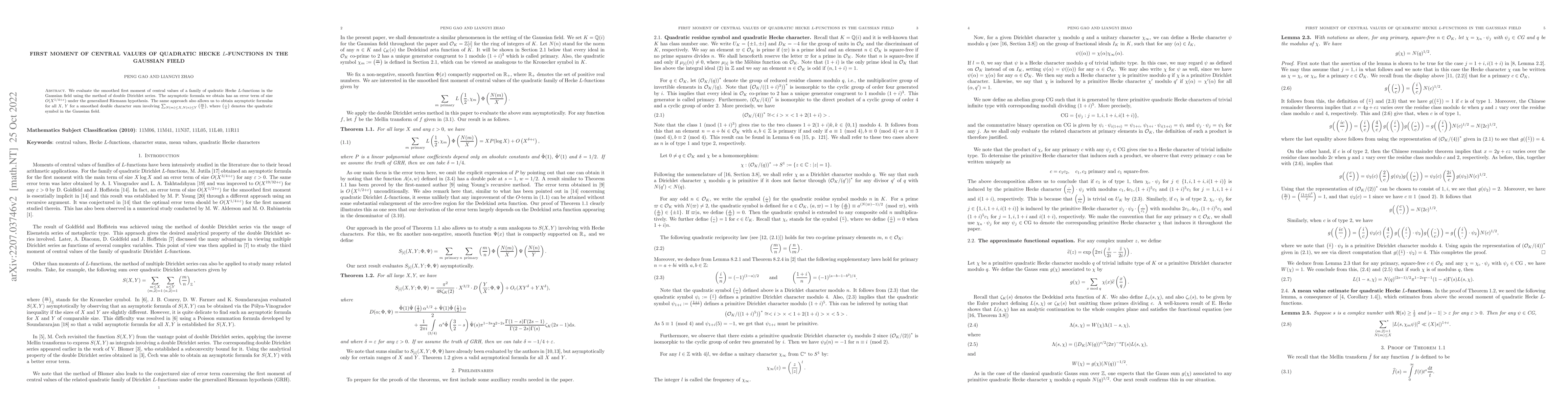 Thumbnail for First moment of central values of quadratic Hecke $L$-functions in the
  Gaussian field