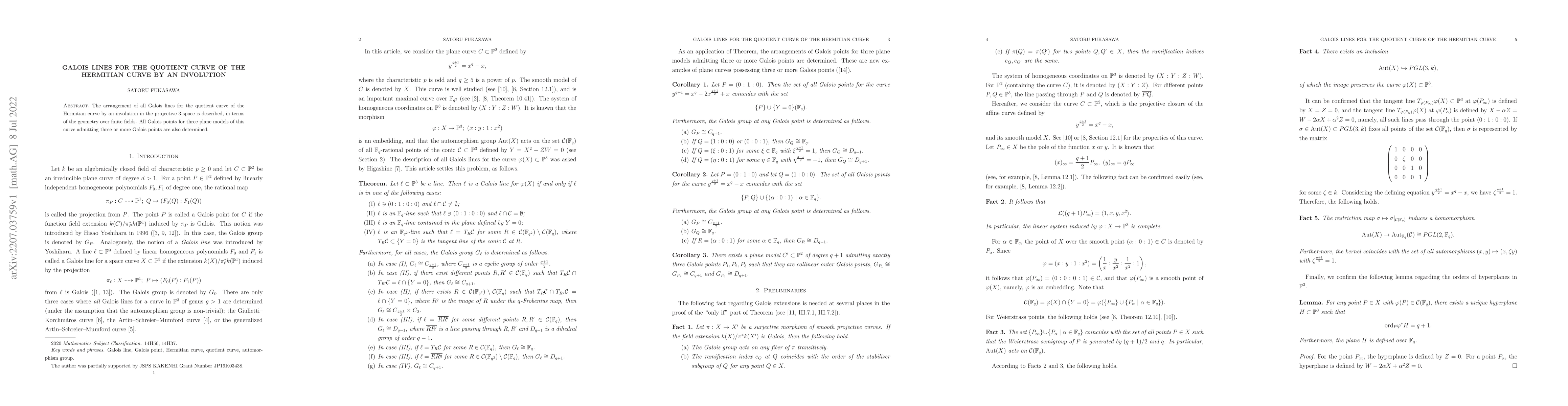 Thumbnail for Galois lines for the quotient curve of the Hermitian curve by an
  involution