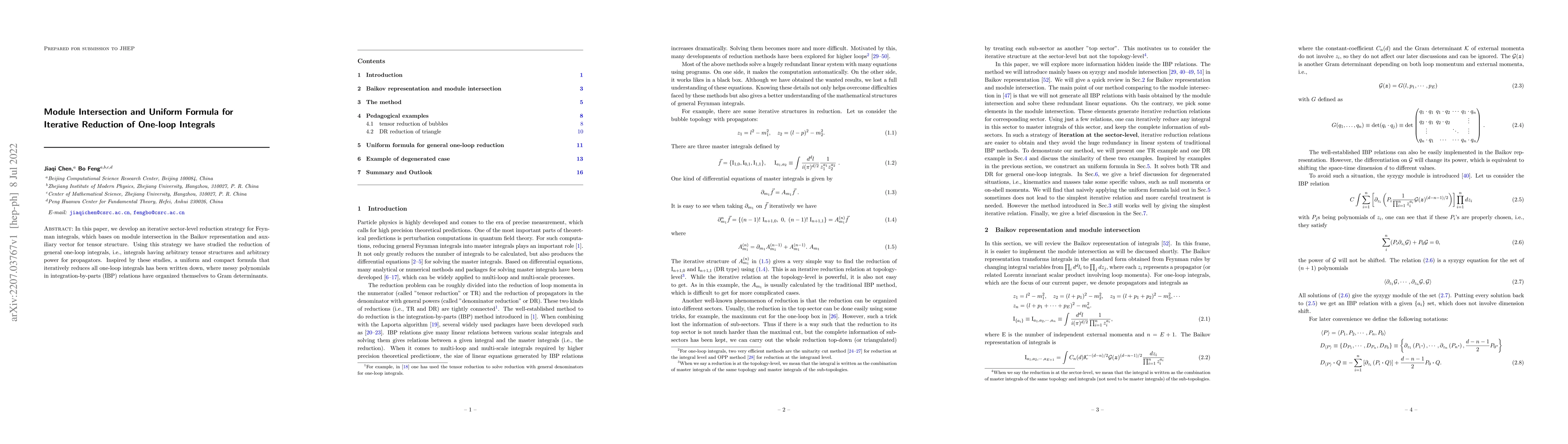 Thumbnail for Module Intersection and Uniform Formula for Iterative Reduction of
  One-loop Integrals
