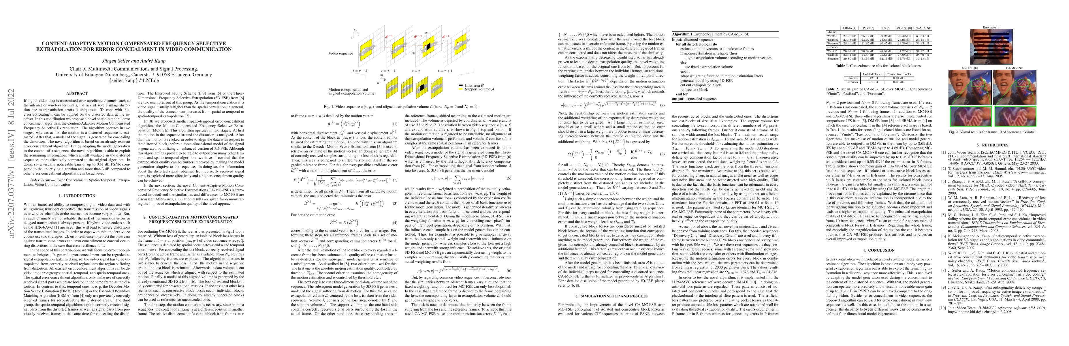 Thumbnail for Content-Adaptive Motion Compensated Frequency Selective Extrapolation
  for Error Concealment in Video Communication
