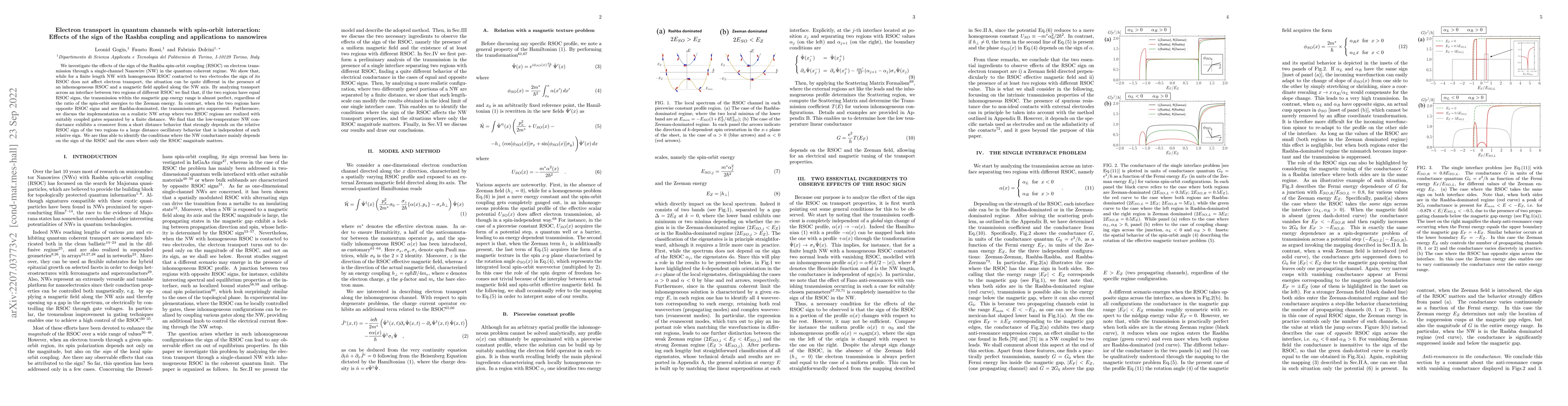 Thumbnail for Electron transport in quantum channels with spin-orbit interaction:
  Effects of the sign of the Rashba coupling and applications to nanowires