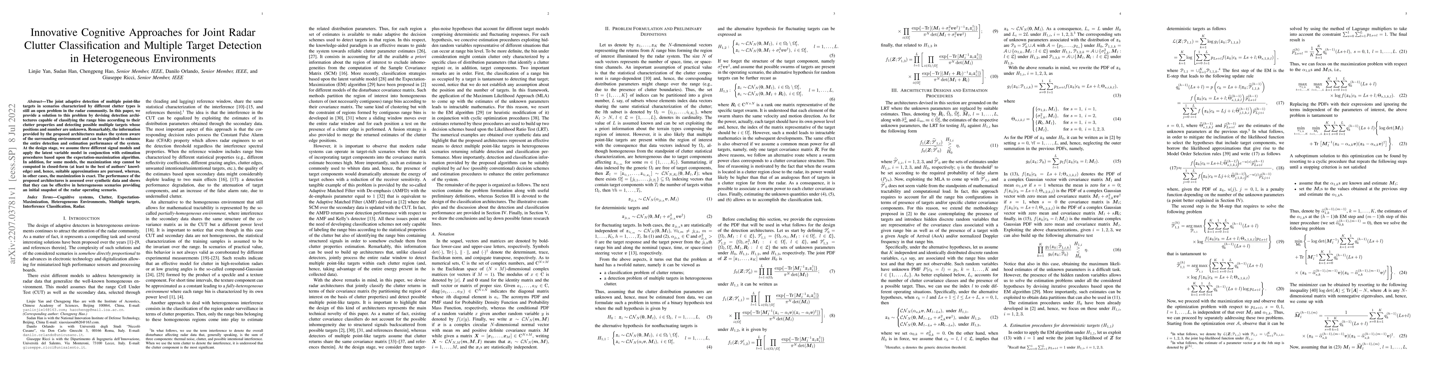 Thumbnail for Innovative Cognitive Approaches for Joint Radar Clutter Classification
  and Multiple Target Detection in Heterogeneous Environments