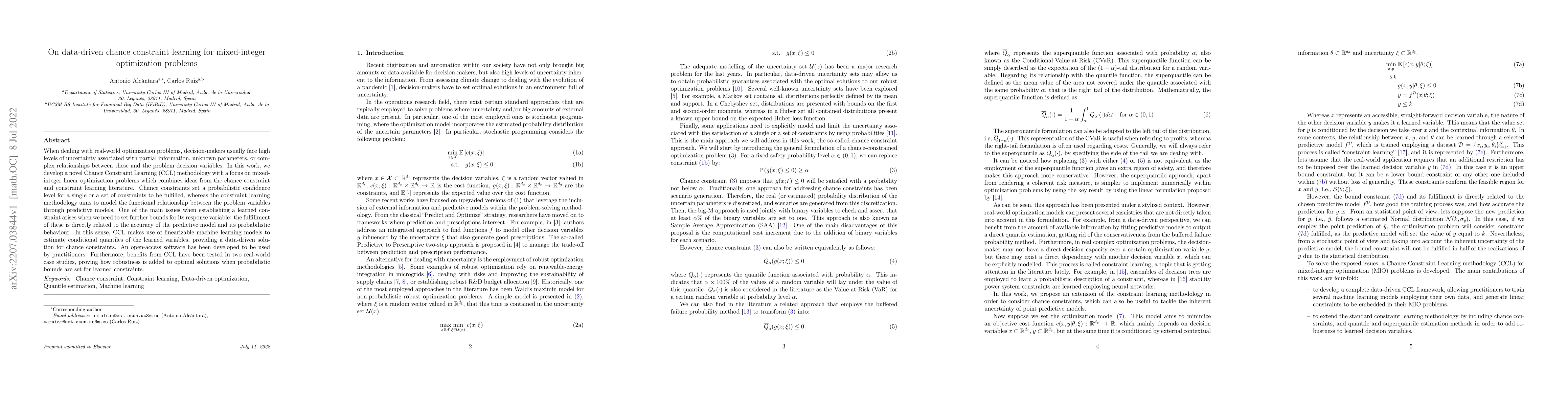 Thumbnail for On data-driven chance constraint learning for mixed-integer optimization
  problems