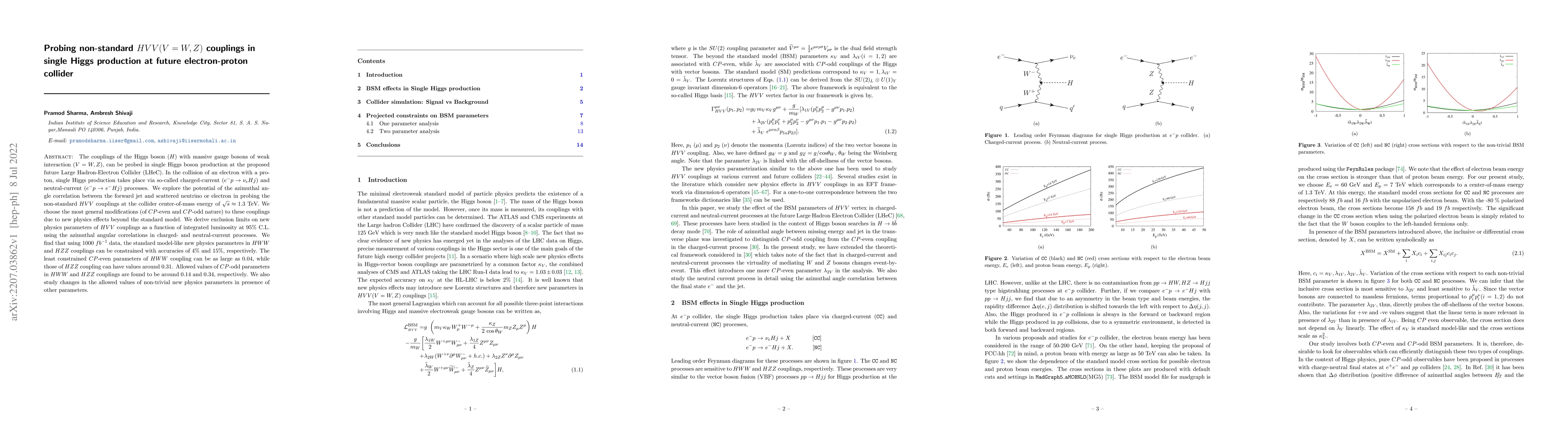 Thumbnail for Probing non-standard $HVV (V=W, Z)$ couplings in single Higgs production
  at future electron-proton collider