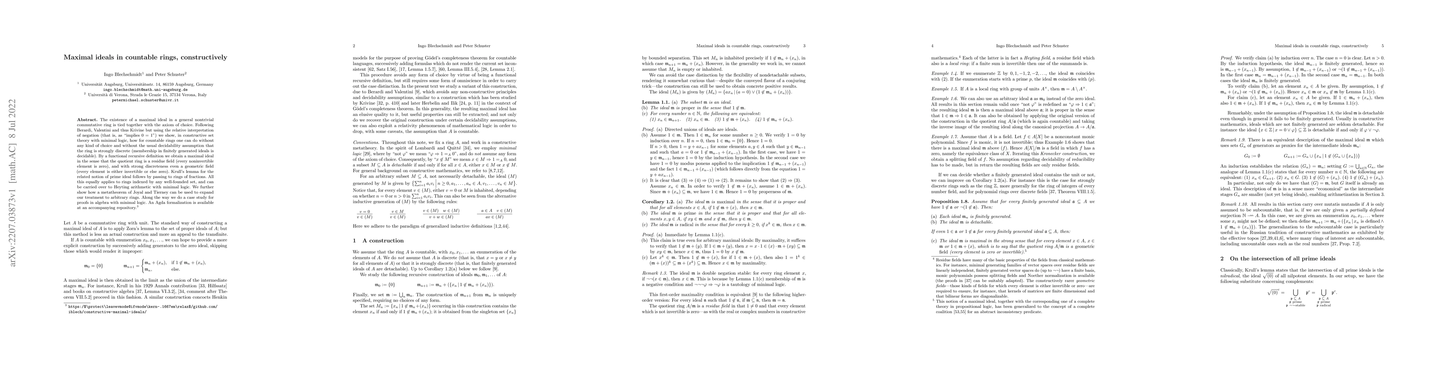 Thumbnail for Maximal ideals in countable rings, constructively