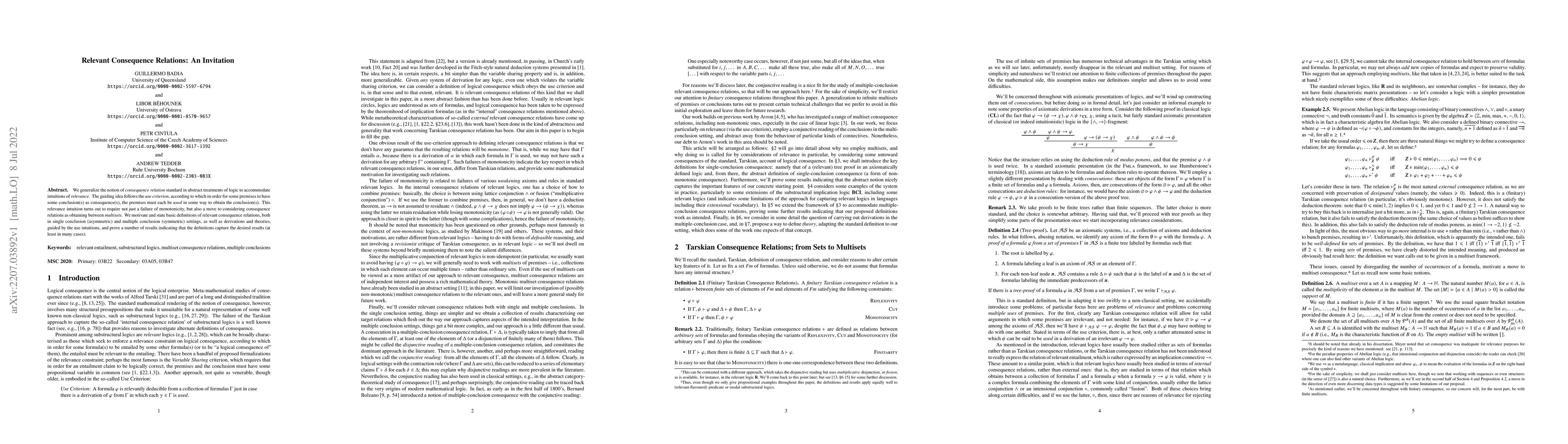 Thumbnail for Relevant Consequence Relations: An Invitation