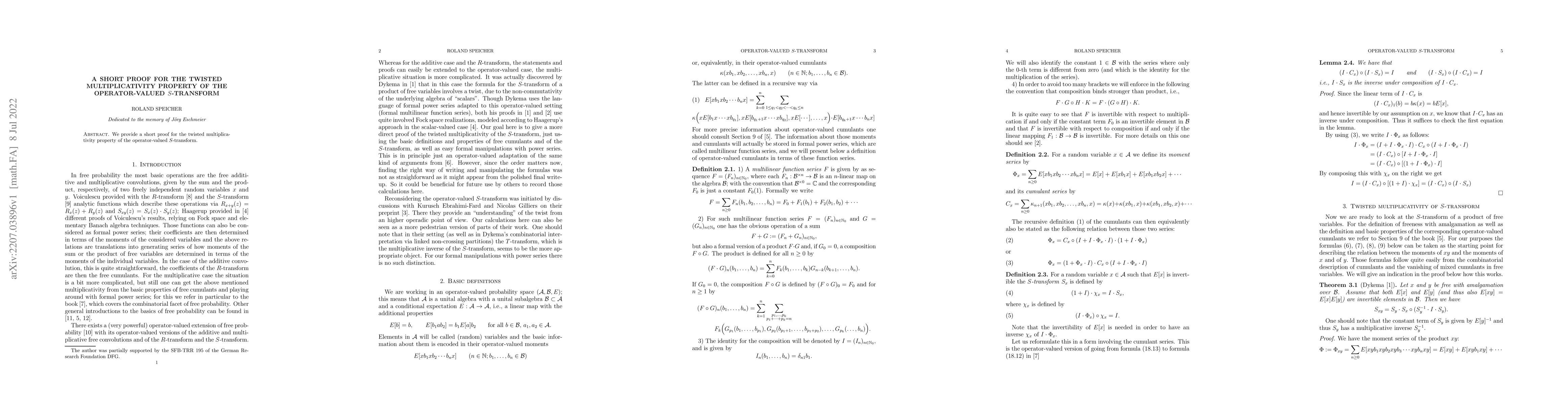 Thumbnail for A short proof for the twisted multiplicativity property of the
  operator-valued S-transform