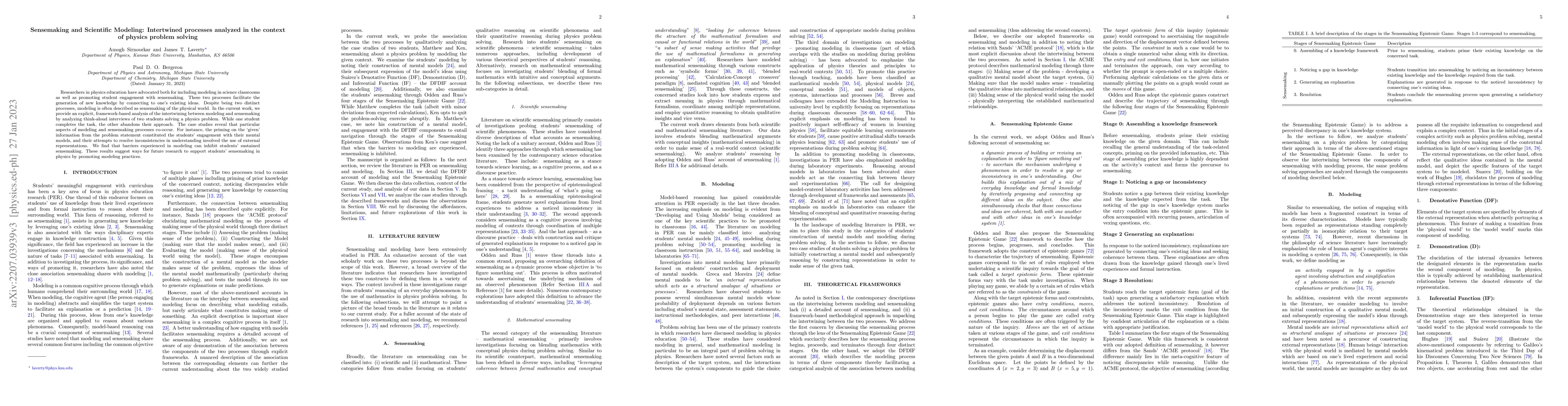 Thumbnail for Sensemaking and Scientific Modeling: Intertwined processes analyzed in
  the context of physics problem solving