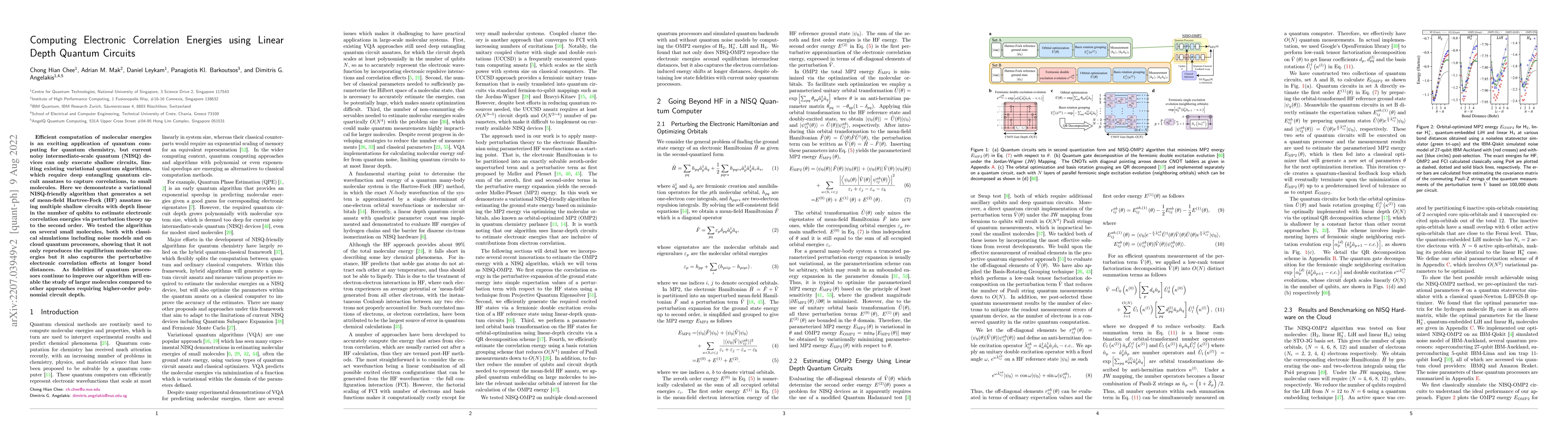 Thumbnail for Computing Electronic Correlation Energies using Linear Depth Quantum
  Circuits