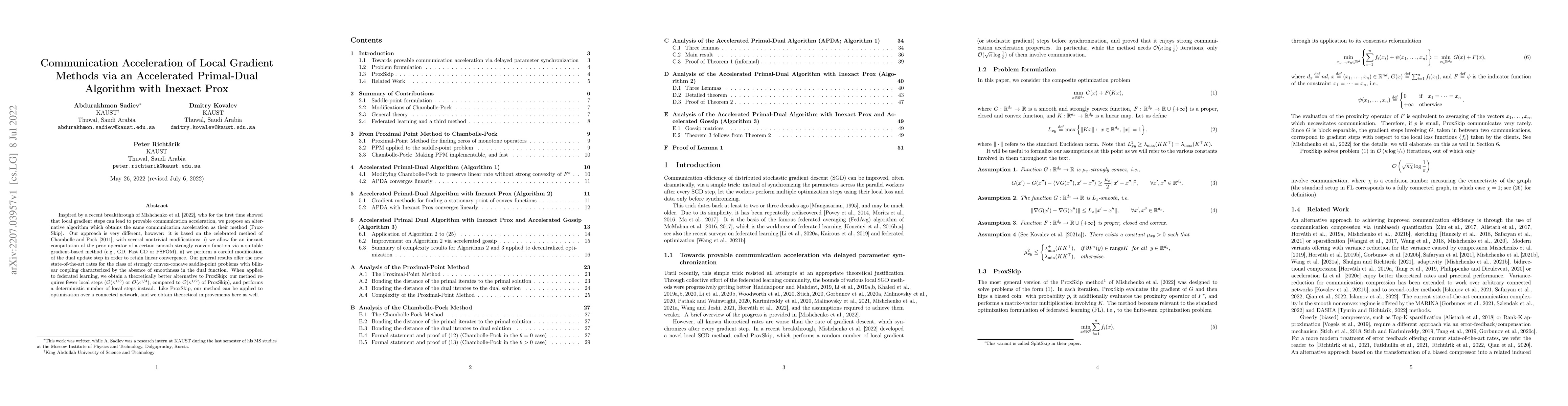 Thumbnail for Communication Acceleration of Local Gradient Methods via an Accelerated
  Primal-Dual Algorithm with Inexact Prox