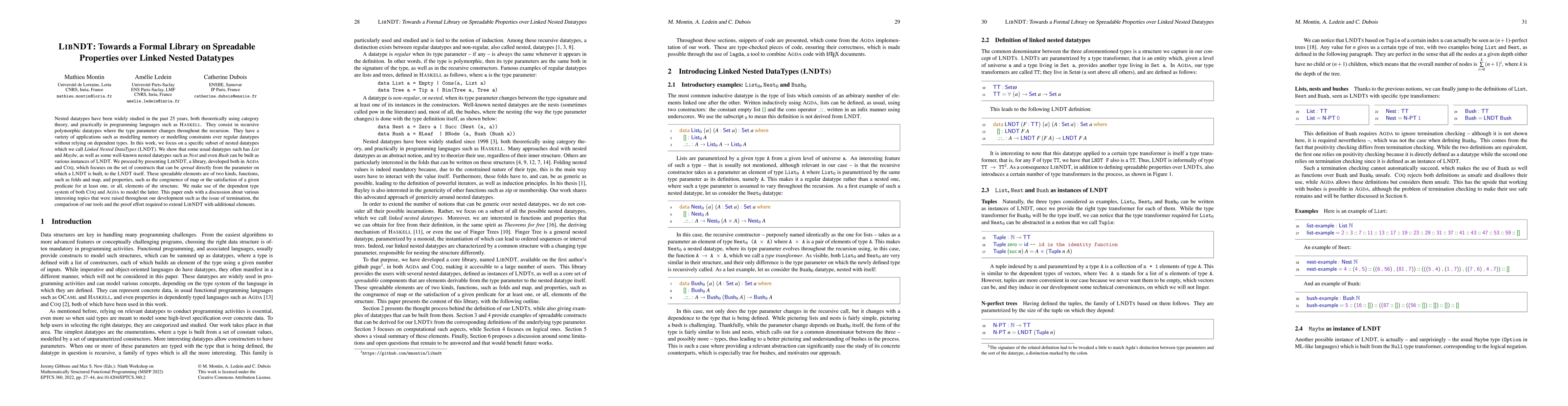 Thumbnail for LibNDT: Towards a Formal Library on Spreadable Properties over Linked
  Nested Datatypes
