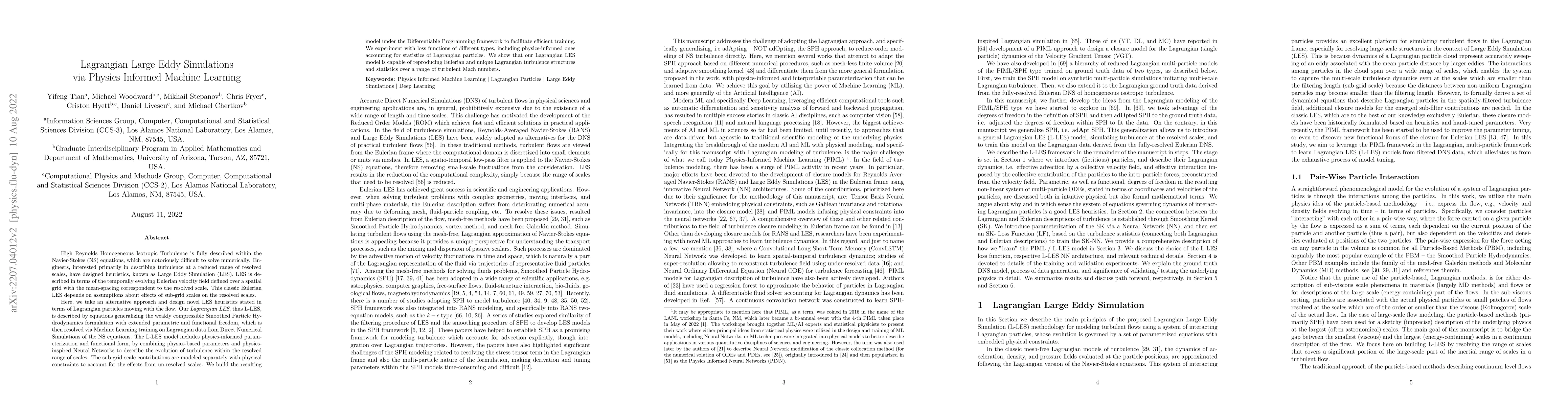 Thumbnail for Lagrangian Large Eddy Simulations via Physics Informed Machine Learning