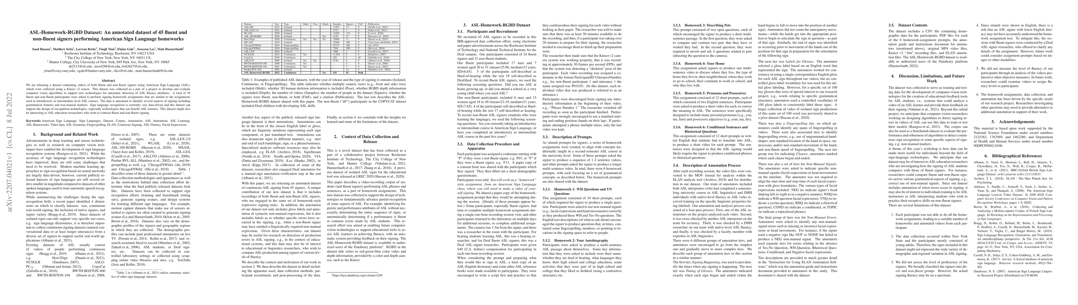 Thumbnail for ASL-Homework-RGBD Dataset: An annotated dataset of 45 fluent and
  non-fluent signers performing American Sign Language homeworks