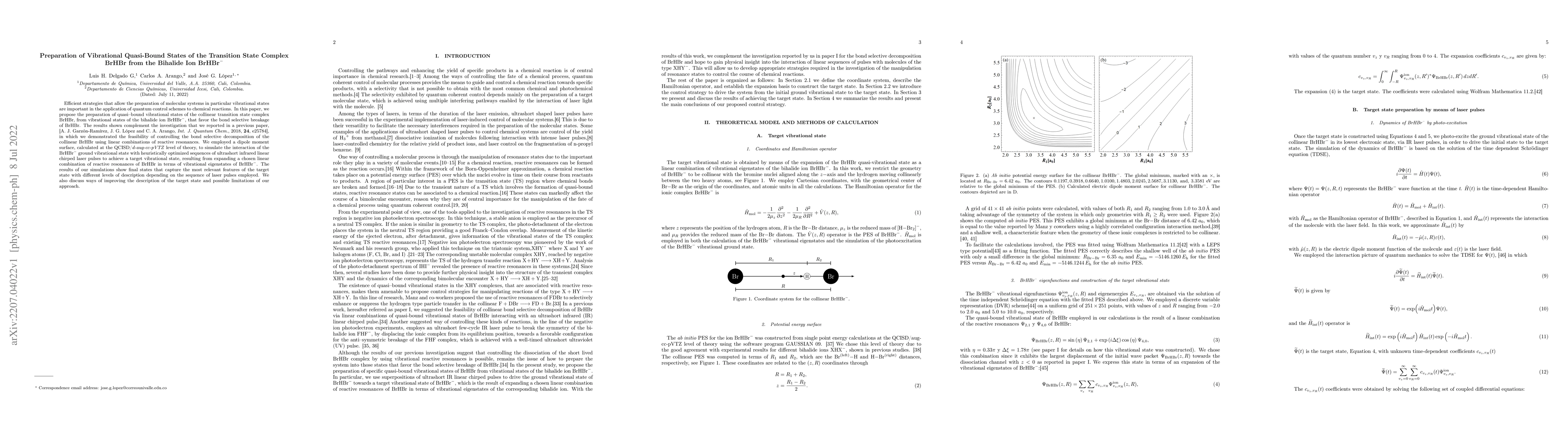 Thumbnail for Preparation of Vibrational Quasi-Bound States of the Transition State
  Complex BrHBr from the Bihalide Ion BrHBr-}