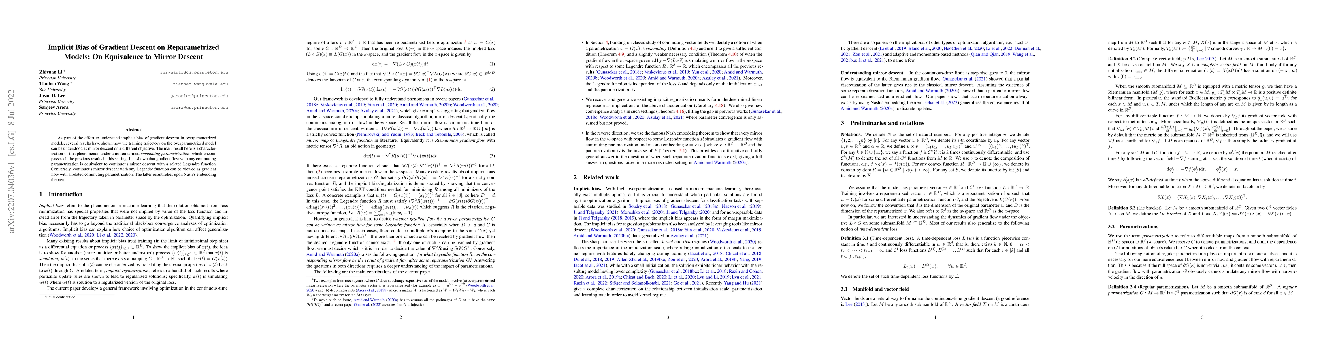 Thumbnail for Implicit Bias of Gradient Descent on Reparametrized Models: On
  Equivalence to Mirror Descent
