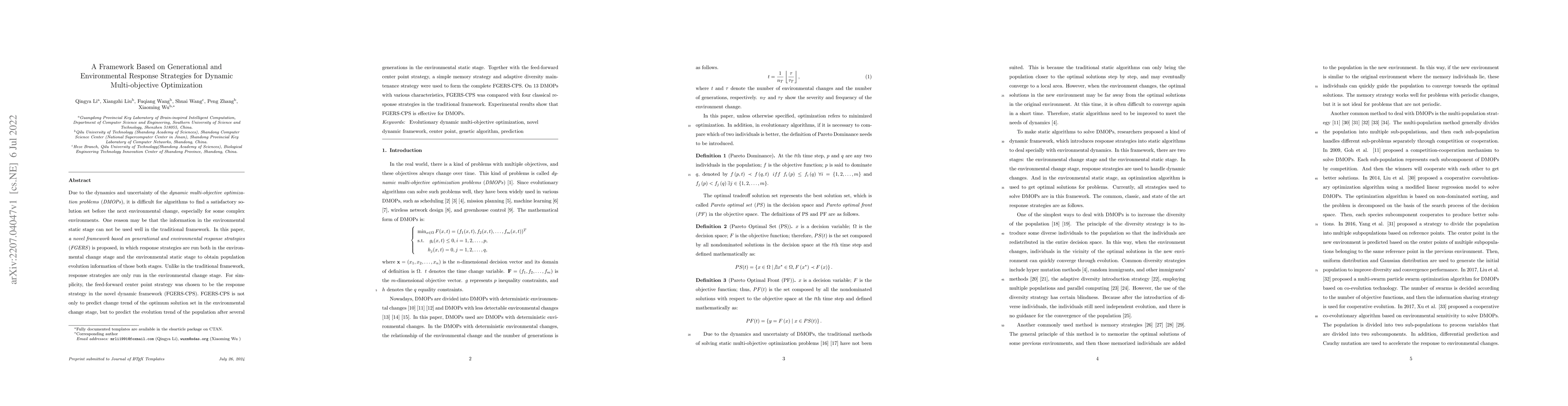 Thumbnail for A Framework Based on Generational and Environmental Response Strategies
  for Dynamic Multi-objective Optimization