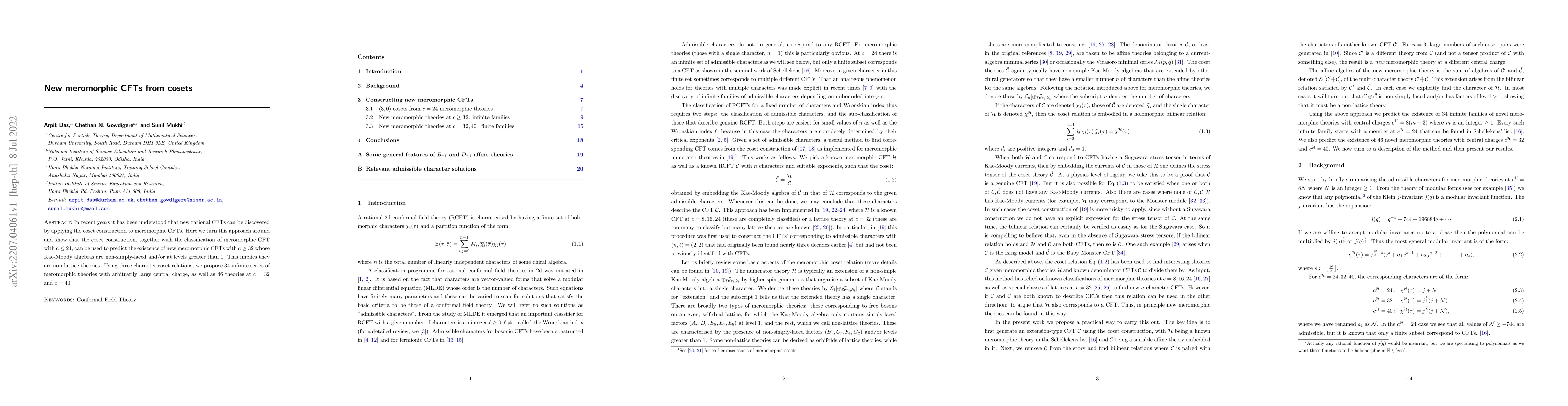 Thumbnail for New meromorphic CFTs from cosets
