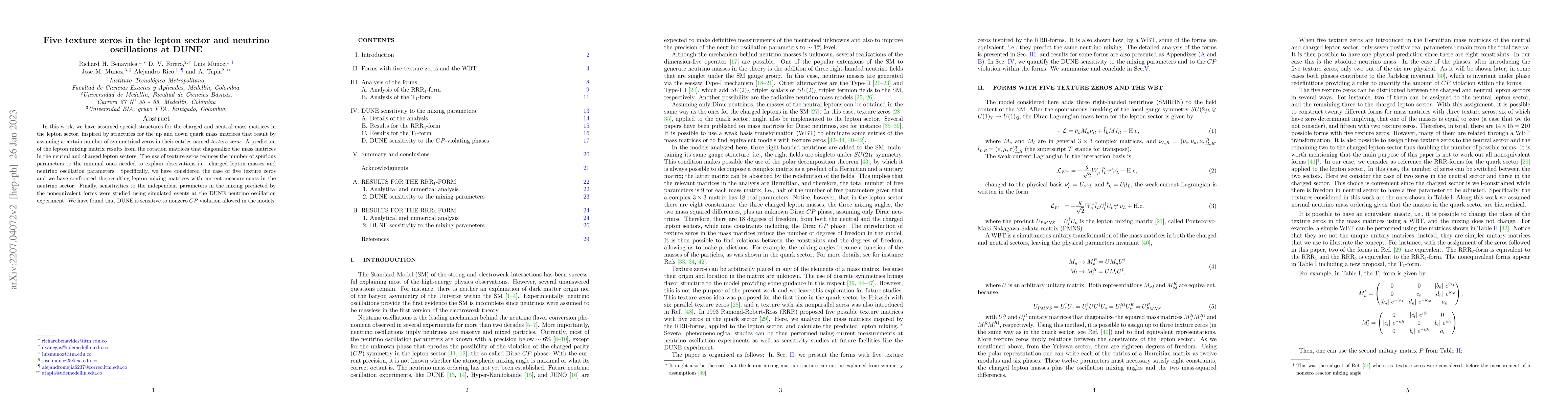 Thumbnail for Five texture zeros in the lepton sector and neutrino oscillations at
  DUNE