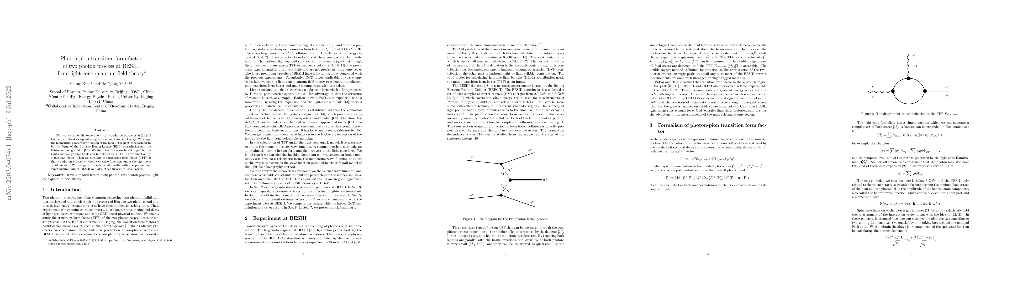 Thumbnail for Photon-pion transition form factor of two photon process at BESIII from
  light-cone quantum field theory