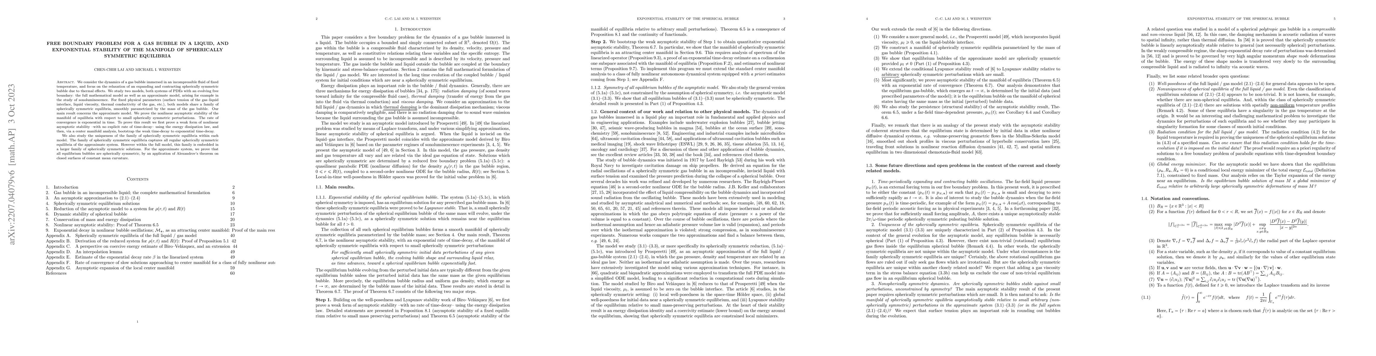 Thumbnail for Free boundary problem for a gas bubble in a liquid, and exponential
  stability of the manifold of spherically symmetric equilibria