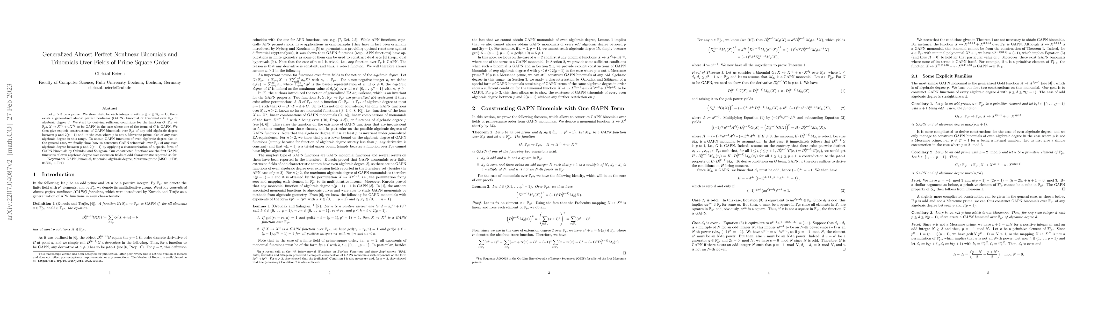 Thumbnail for Generalized Almost Perfect Nonlinear Binomials and Trinomials Over
  Fields of Prime-Square Order