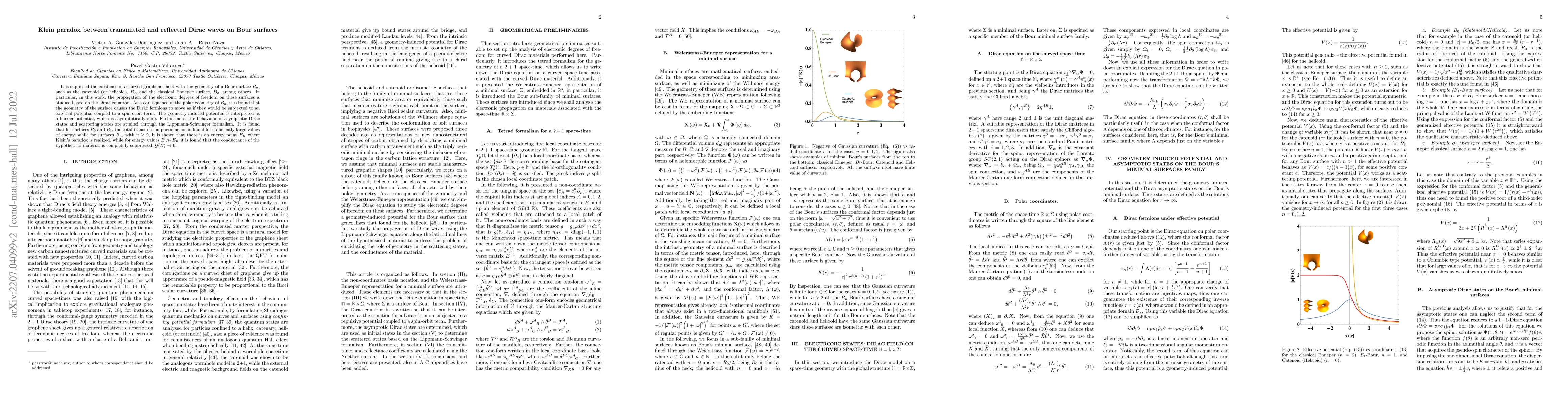 Thumbnail for Klein paradox between transmitted and reflected Dirac waves on Bour
  surfaces