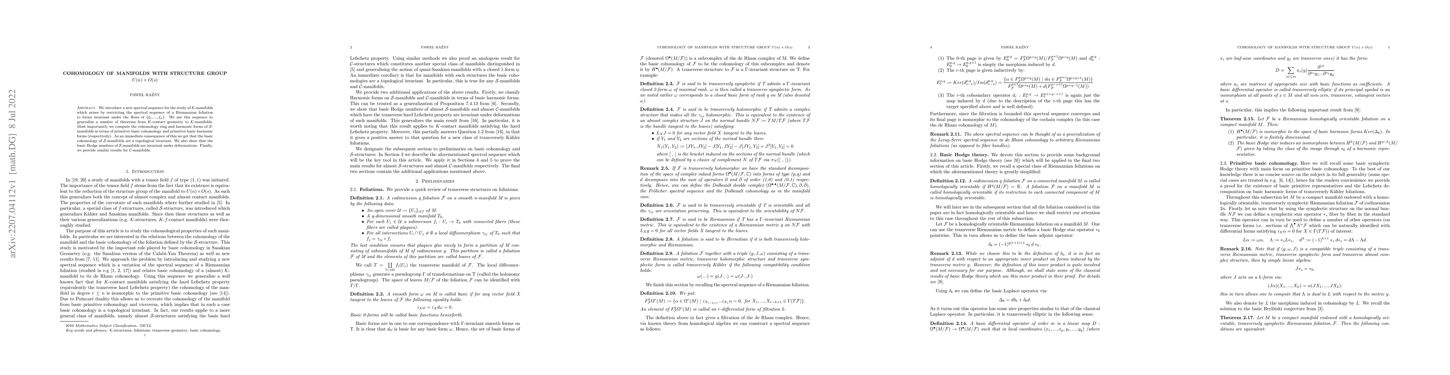 Thumbnail for Cohomology of manifolds with structure group $U(n)\times O(s)$