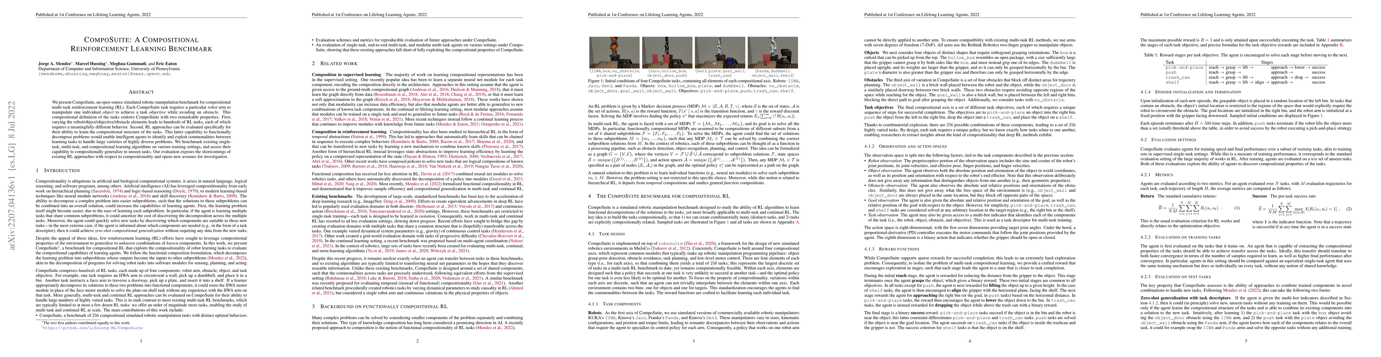 Thumbnail for CompoSuite: A Compositional Reinforcement Learning Benchmark