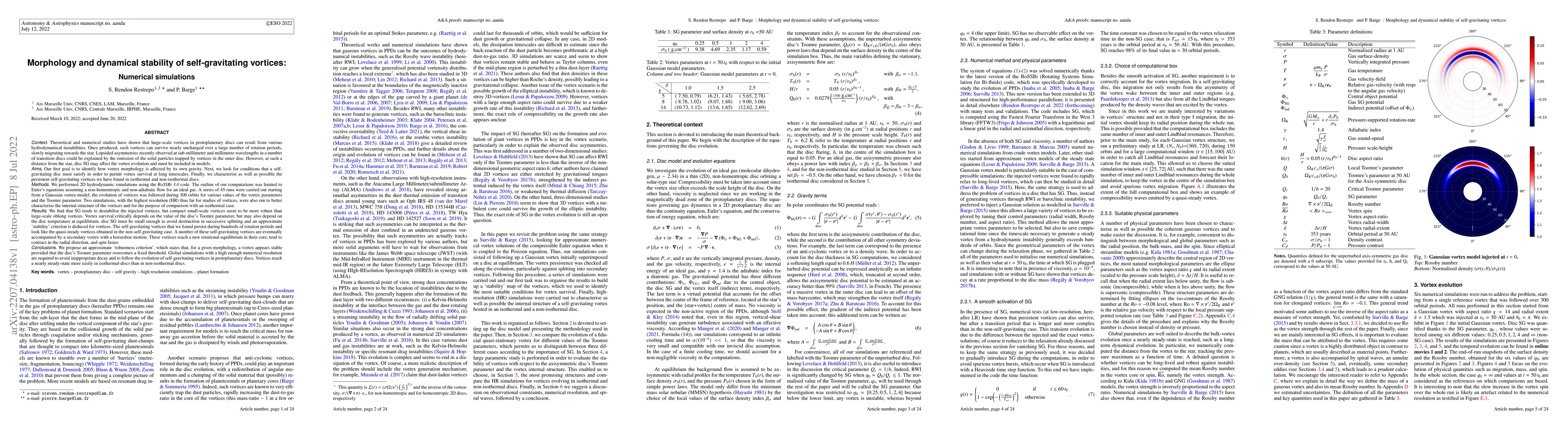 Thumbnail for Morphology and dynamical stability of self-gravitating vortices:
  Numerical simulations