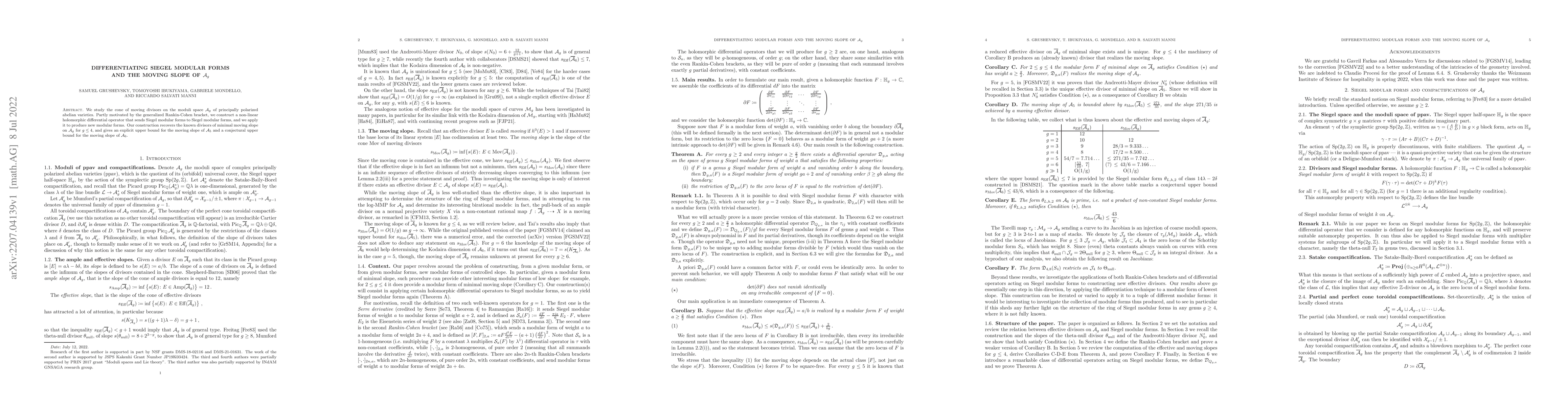 Thumbnail for Differentiating Siegel modular forms, and the moving slope of ${\mathcal
  A}_g$
