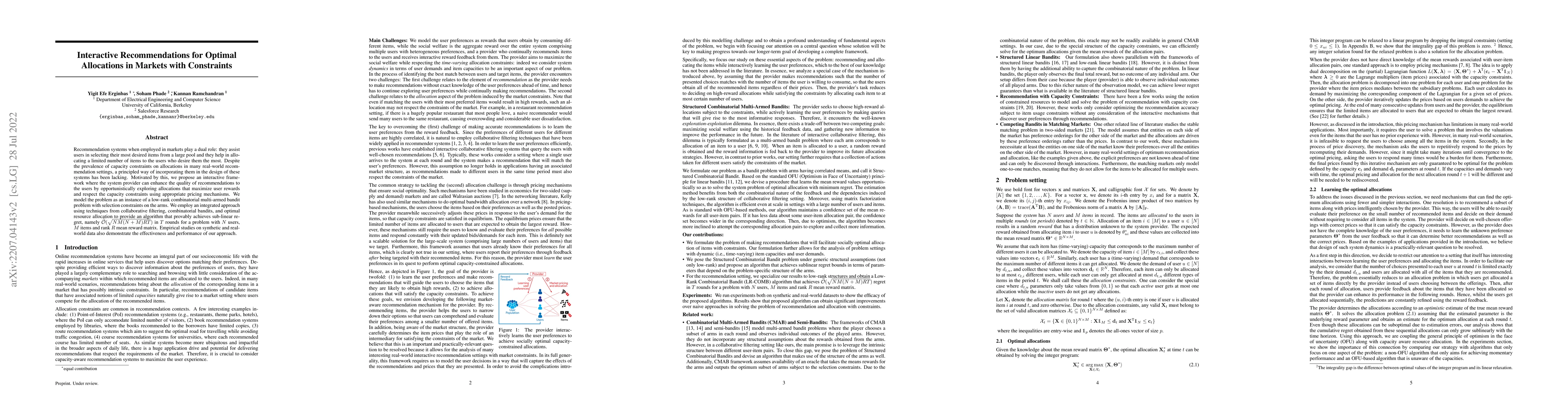 Thumbnail for Interactive Recommendations for Optimal Allocations in Markets with
  Constraints