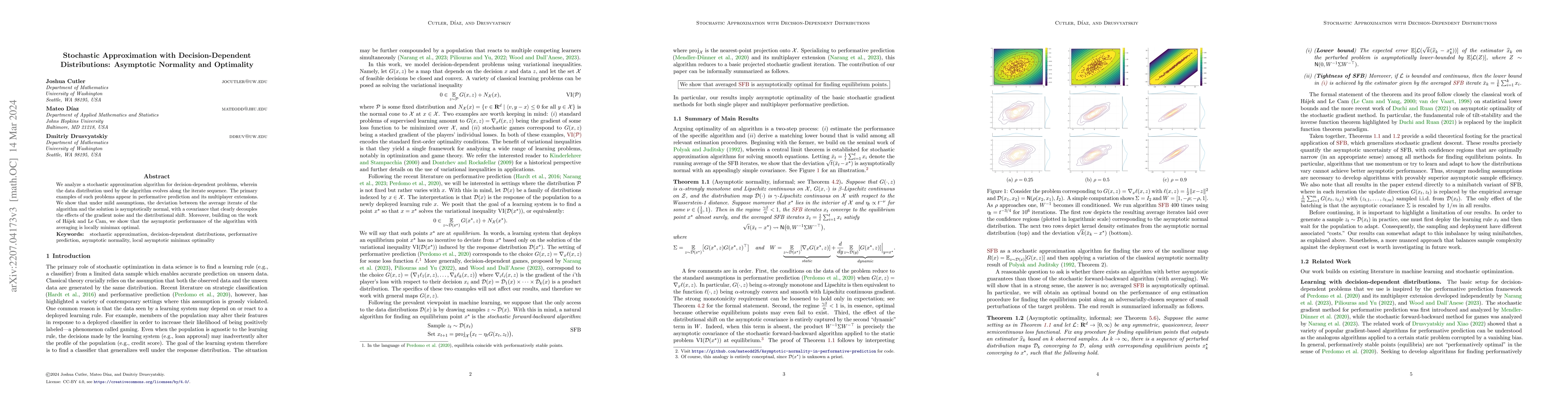Thumbnail for Stochastic Approximation with Decision-Dependent Distributions:
  Asymptotic Normality and Optimality