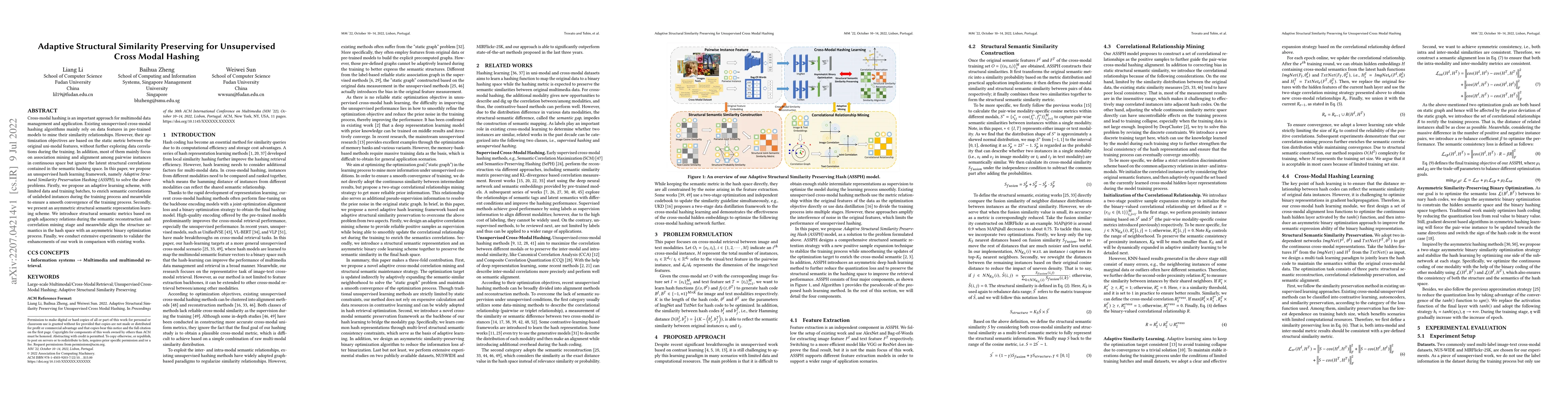 Thumbnail for Adaptive Structural Similarity Preserving for Unsupervised Cross Modal
  Hashing