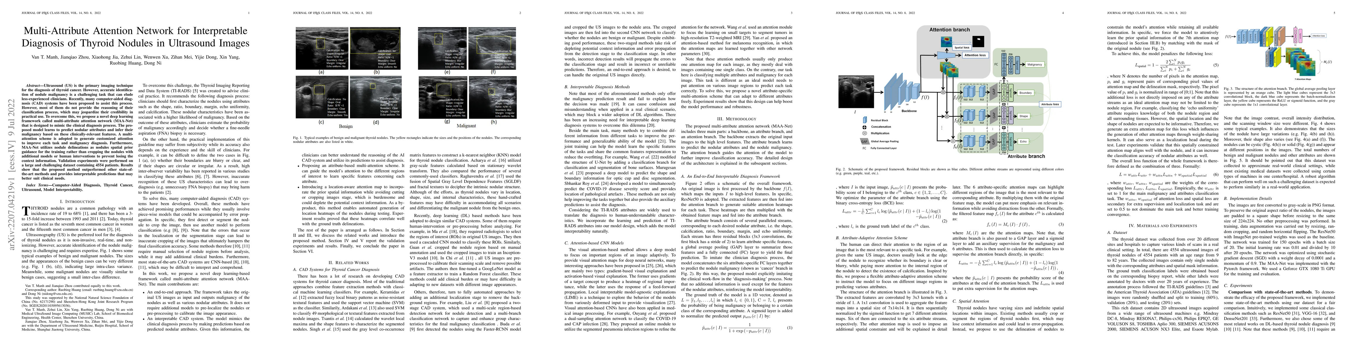 Thumbnail for Multi-Attribute Attention Network for Interpretable Diagnosis of Thyroid
  Nodules in Ultrasound Images