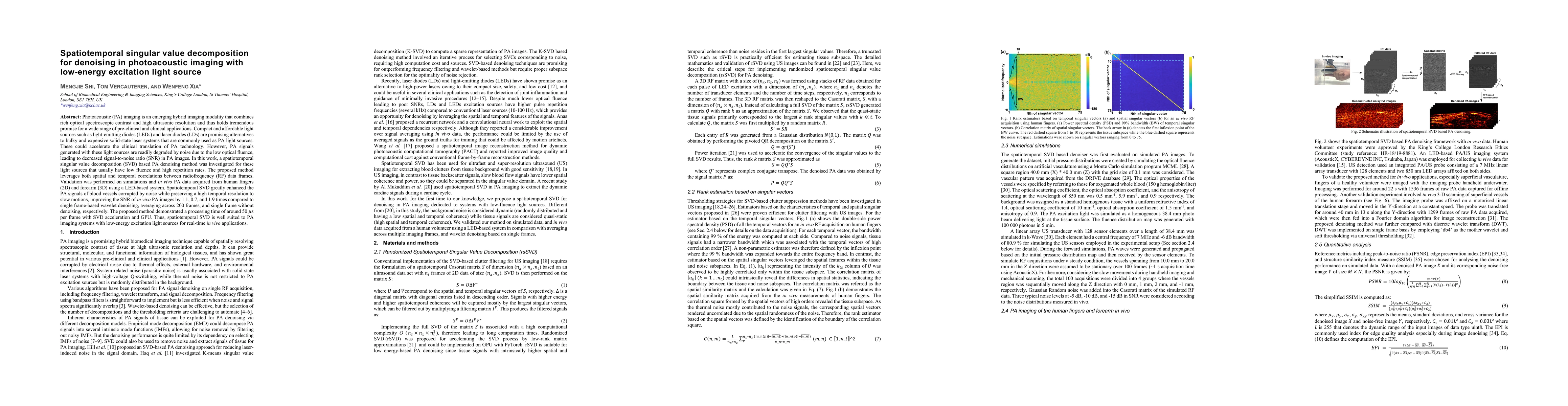 Thumbnail for Spatiotemporal singular value decomposition for denoising in
  photoacoustic imaging with low-energy excitation light source