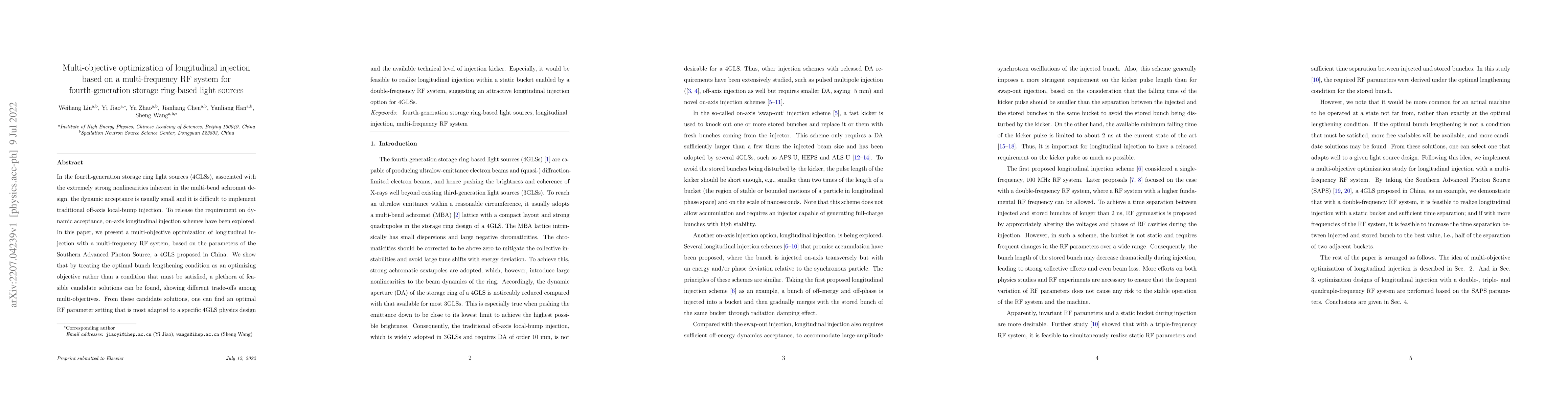 Thumbnail for Multi-objective optimization of longitudinal injection based on a
  multi-frequency RF system for fourth-generation storage ring-based light
  sources